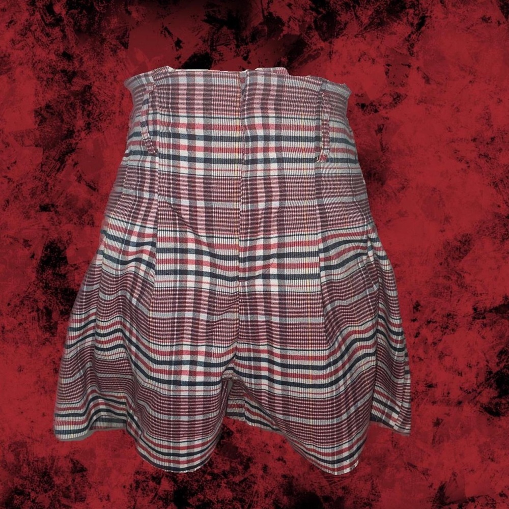 flowy red & blue high waisted plaid shorts with ruched waist